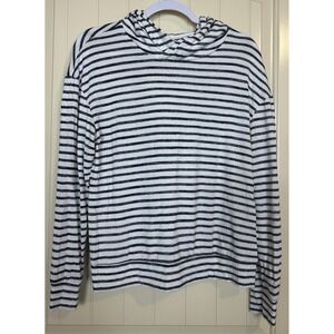 A New Day Women's Hoodie Sweater M Navy Blue & White Striped Hooded Long Sleeve‎